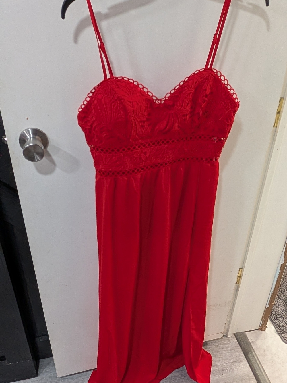 Red Lace Maxi Dress with Spaghetti Straps